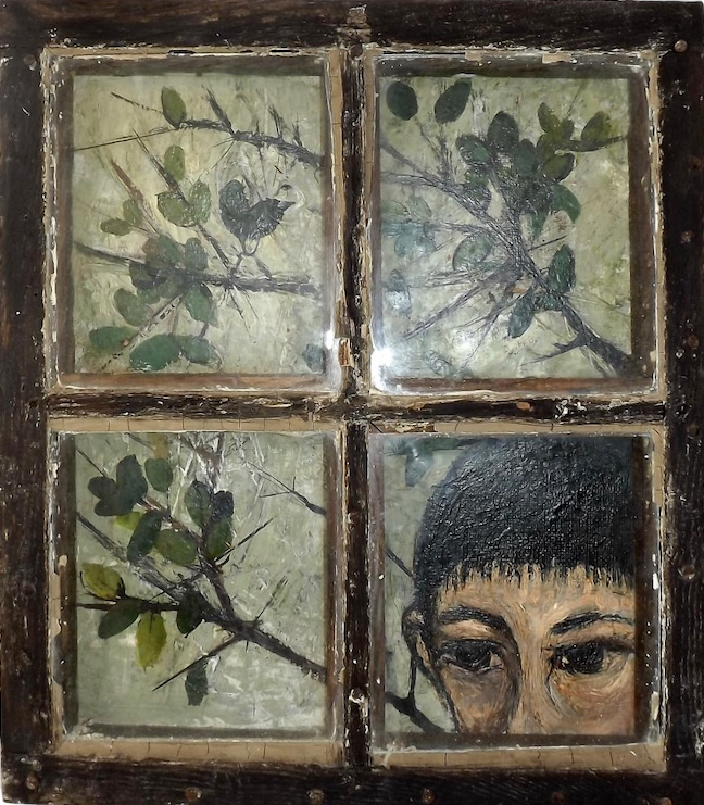 Иллюстрация: четырехсекционное окно, в последнюю заглядывает девушка, в остальных листья